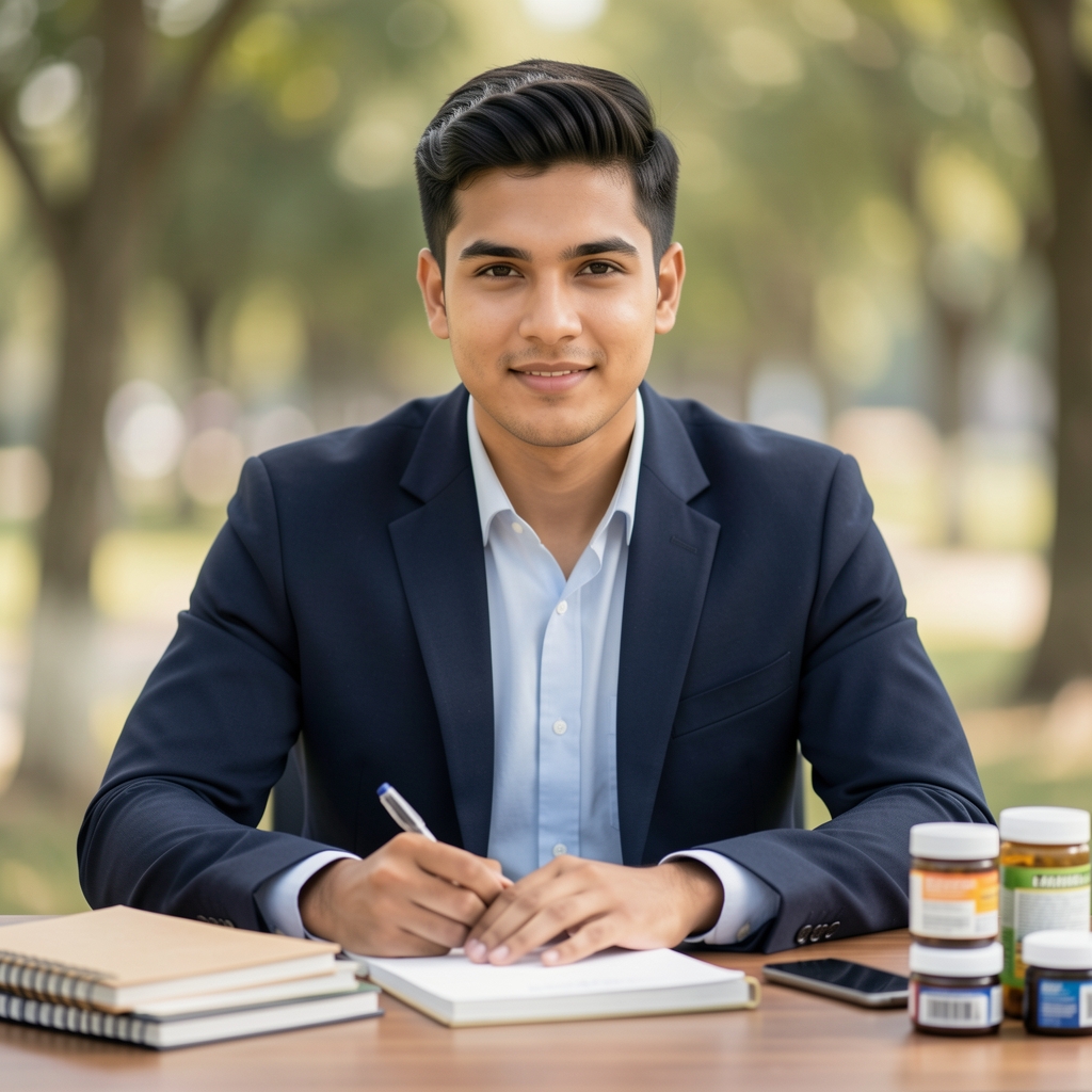 Editorial portrait of Marcus Chen, primary editor of Oravel Journal, seated at a writing desk in soft natural light with notebooks and supplement containers