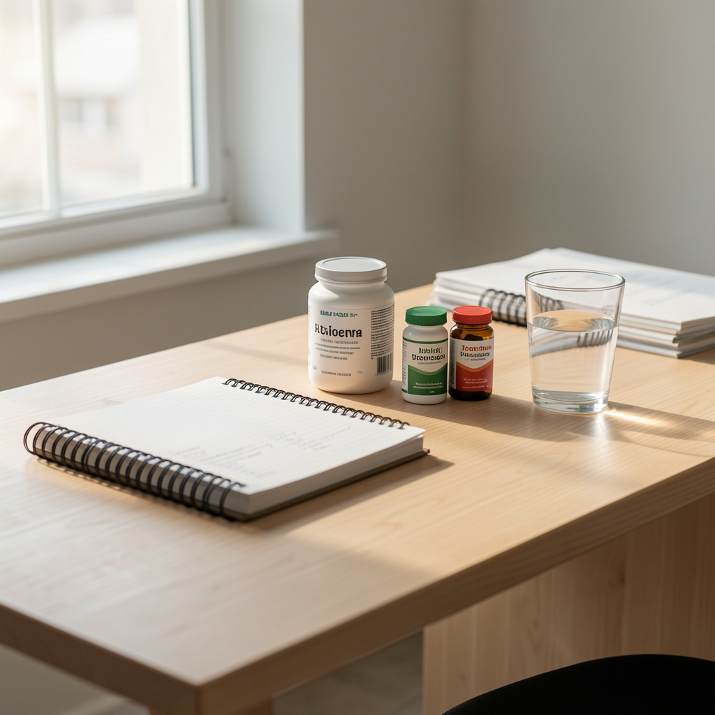 Editorial desk setup with supplement reference materials, notebooks, and a cup of coffee in a well-lit studio space
