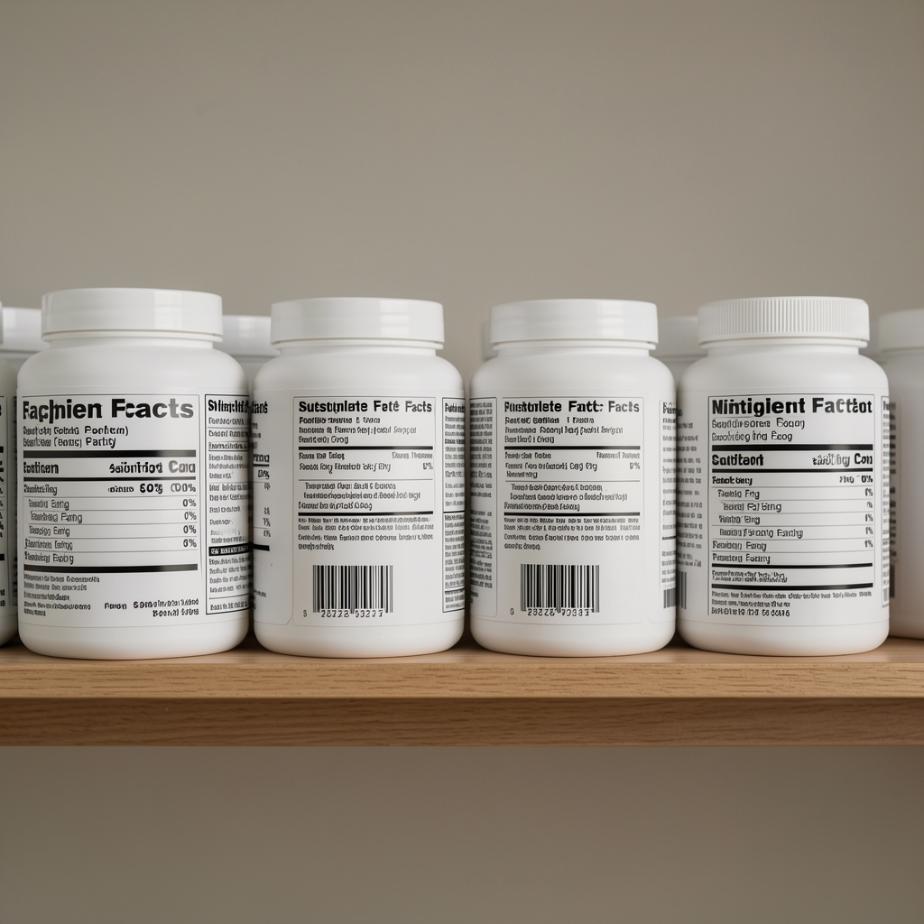 Close-up of supplement labels arranged on a shelf in an editorial composition with neutral background