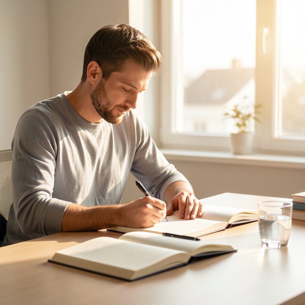 Man journalling at a clean desk with a morning light backdrop and open notebook alongside a glass of water