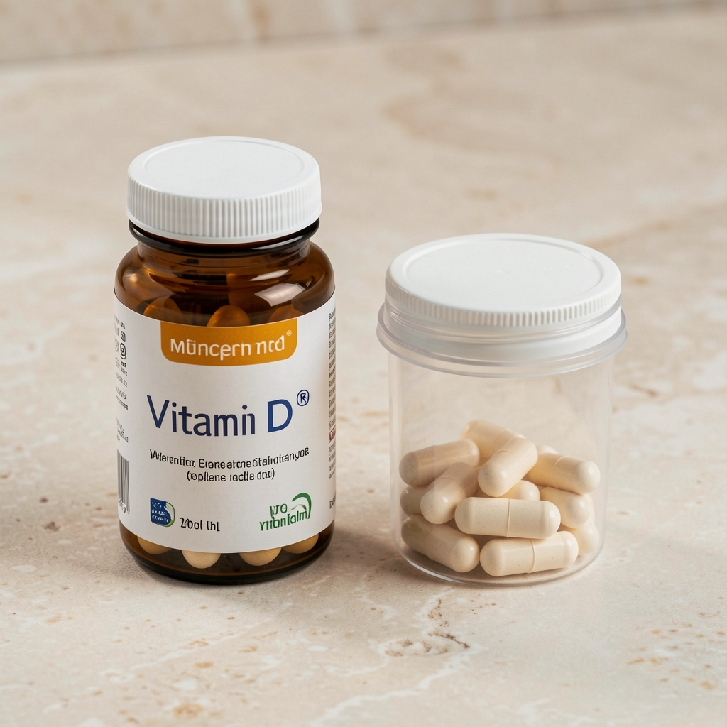 Close-up of vitamin D supplement bottle and magnesium capsule container on a pale stone surface, editorial still life composition