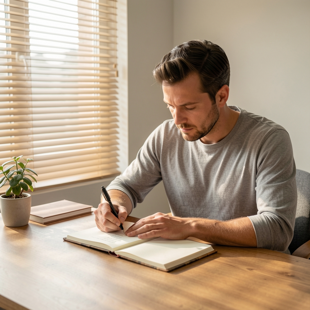 Man writing in a supplement journal at a wooden desk, morning light through blinds, clean minimal desk composition