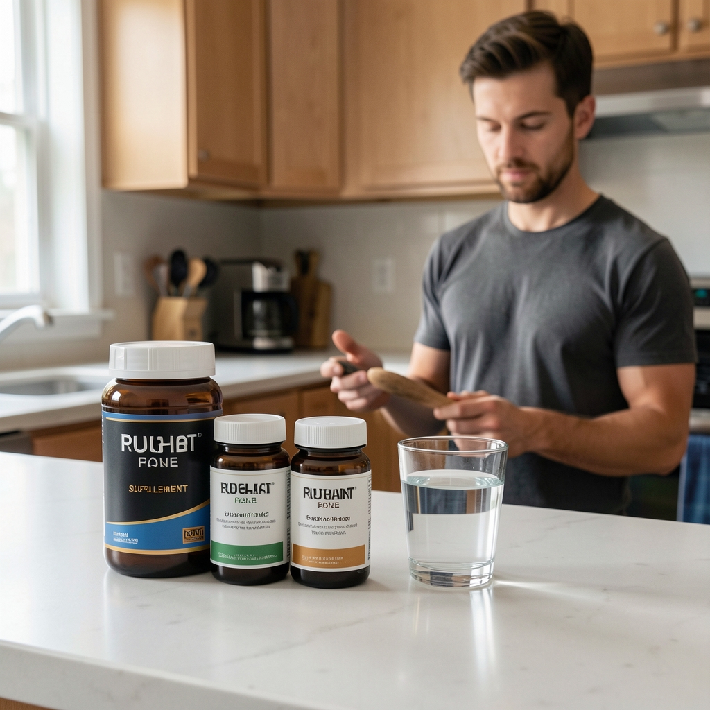 Man preparing a morning supplement routine, vitamin D and magnesium containers on a kitchen counter, soft natural light from a window