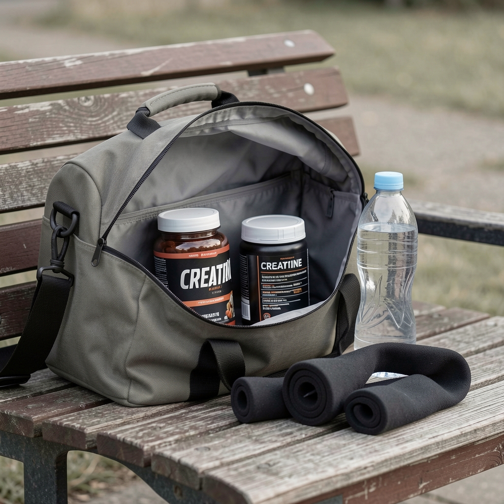 Gym bag open on a bench with creatine supplement container, water bottle and resistance band, editorial still life, neutral tones