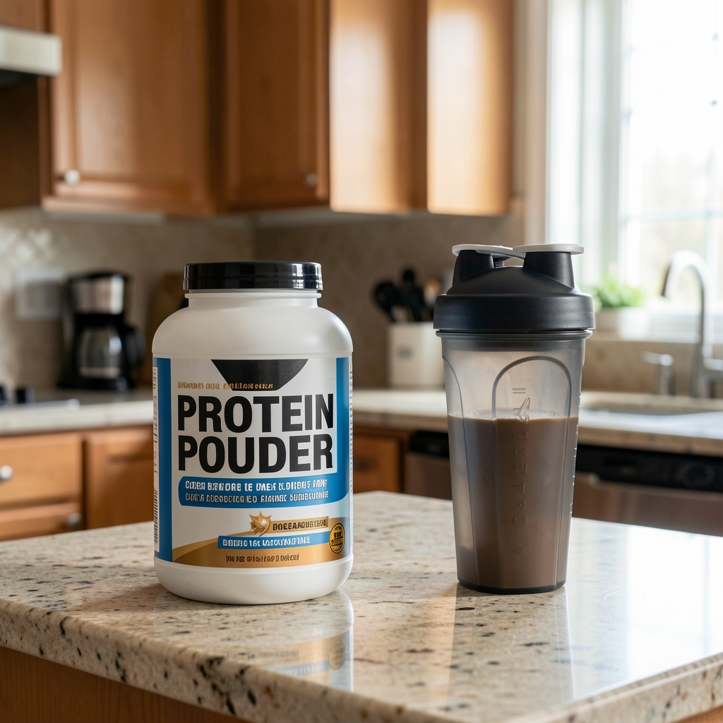 Protein powder and creatine supplement on a kitchen counter with a shaker bottle, men's post-workout nutrition flat lay, warm tones