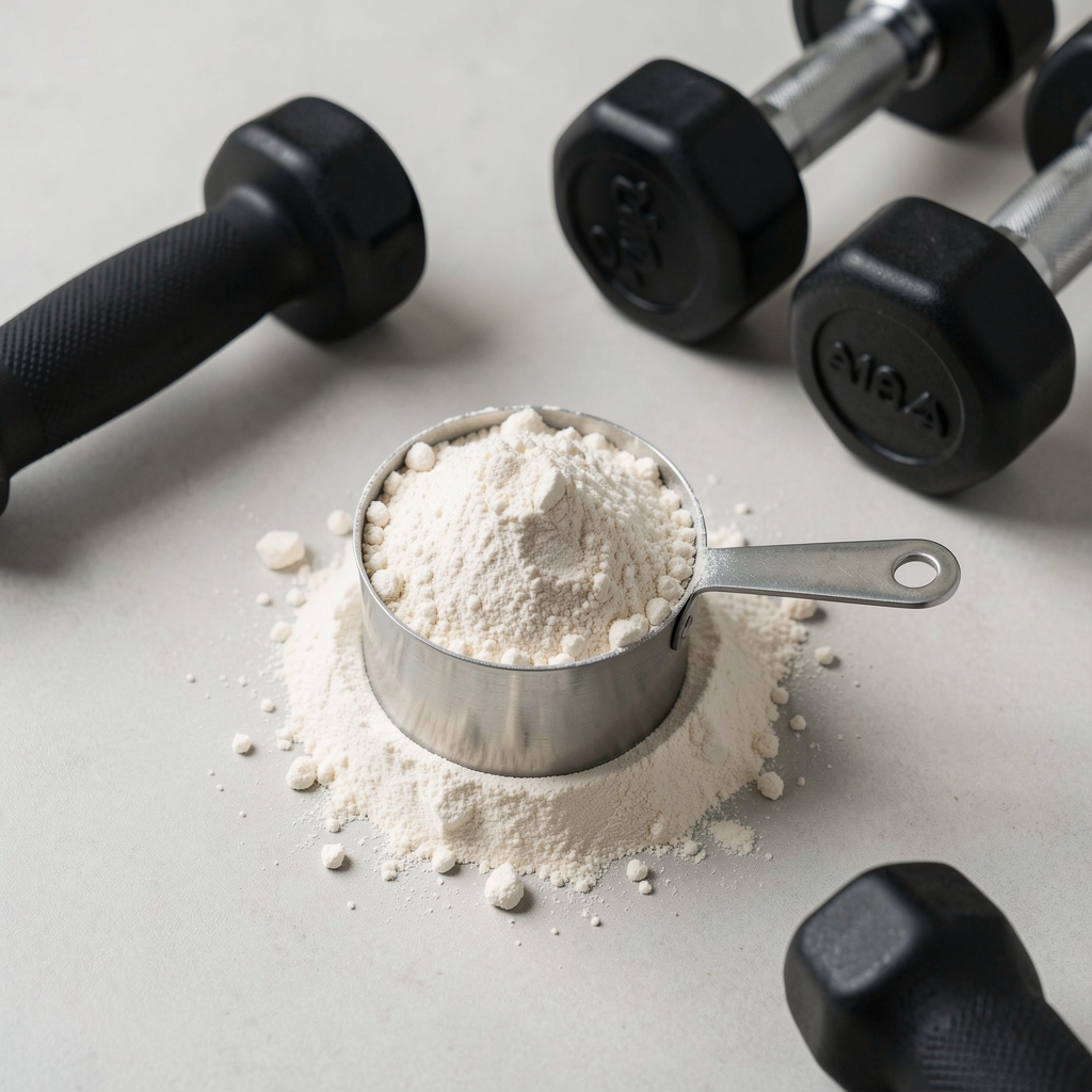 Creatine powder in a measuring scoop next to resistance training weights on a clean gym surface, editorial overhead composition