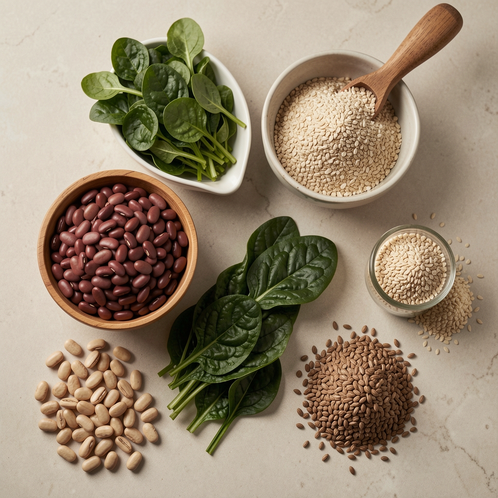Iron-rich whole foods arranged on a neutral kitchen surface — legumes, dark greens, and grain items in editorial flat-lay composition