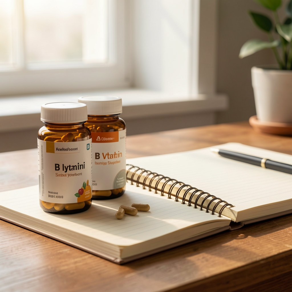 B vitamin supplement bottles alongside a notebook and pen on a desk, morning light, men's daily supplement journalling composition