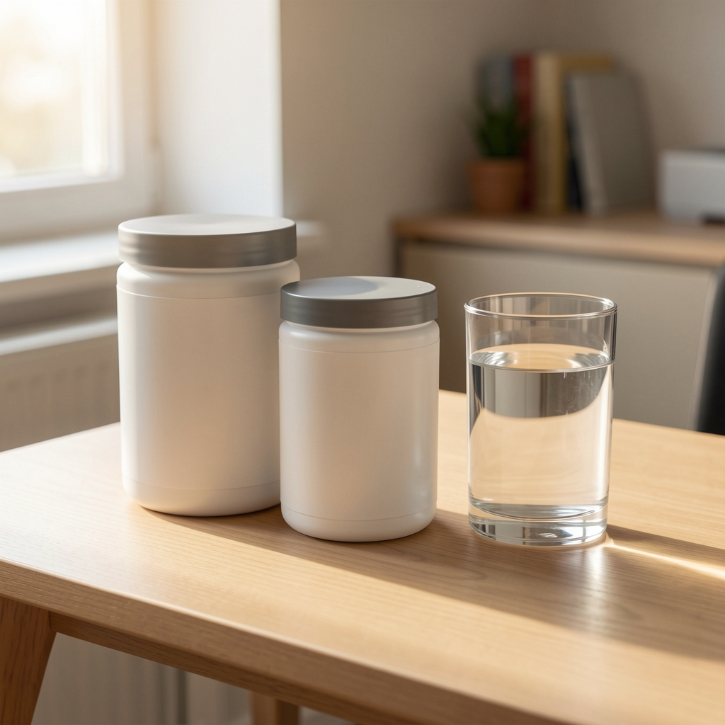 Supplement containers and a glass of water arranged on a clean wooden desk in morning light, editorial composition