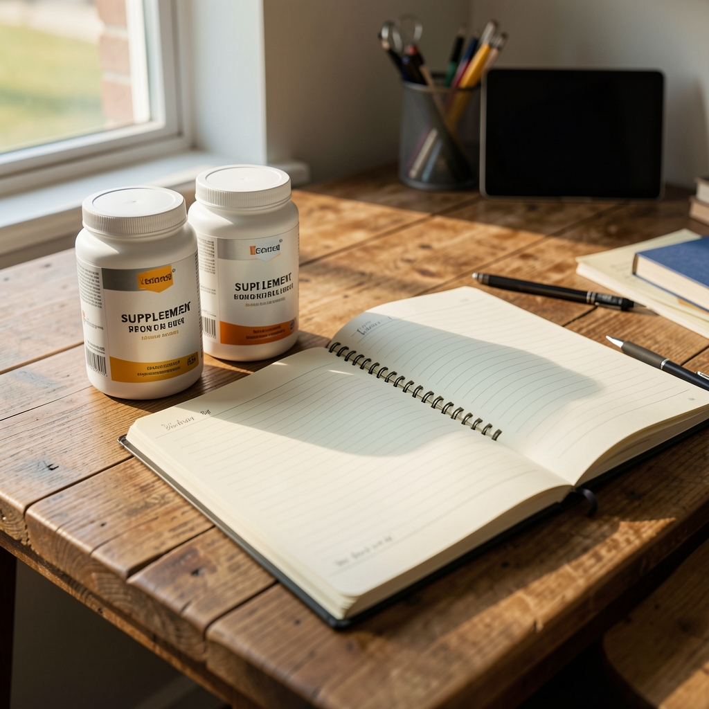Supplement containers and a notebook open to a journalling page on a wooden editorial desk in morning light
